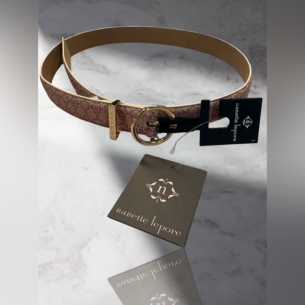 Nanette Lepore Belt Gold Accent Allover monogram pattern in a mauve or taupe hue